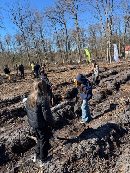 Lekcja w terenie – uczniowie sadzą drzewa i uczą się troski o przyrodę.